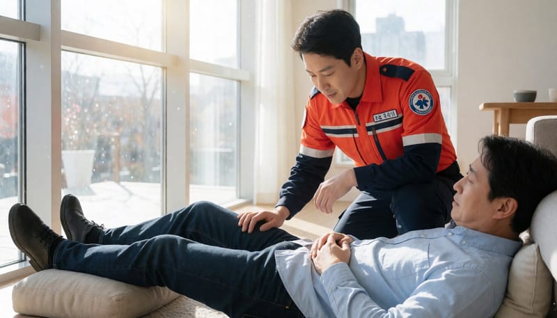쓰러진 환자의 다리를 높이고 맥박을 확인하는 구급대원
