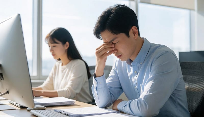 낮 시간 피로감에 눈을 비비는 직장인