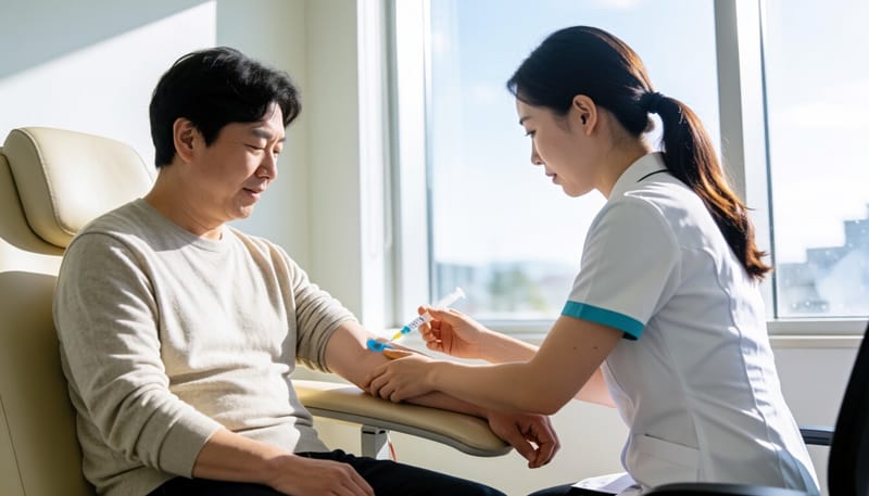 병원에서 팔에 정맥주사를 맞고 있는 모습