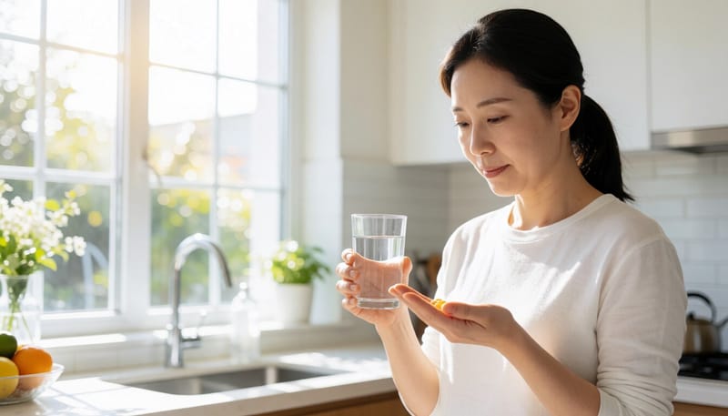 부엌에서 유산균 캡슐을 들고 있는 여성