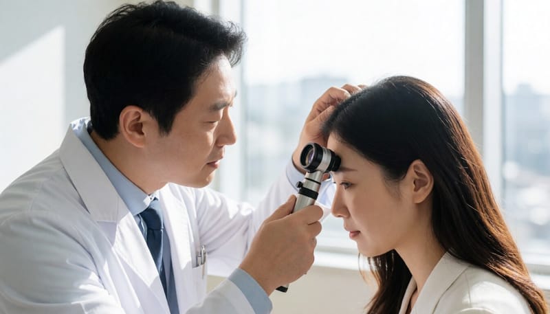 두피 상태를 진단하는 피부과 진료 장면