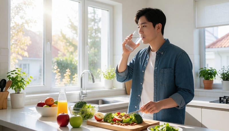 채소와 과일로 건강한 식사를 준비하는 남성