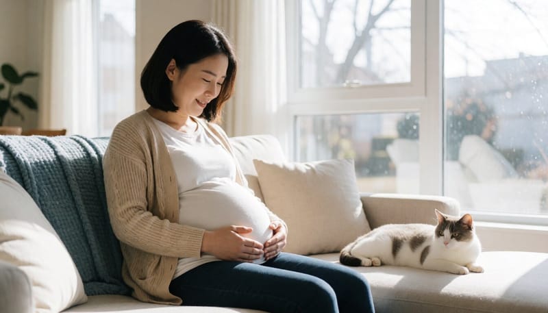 집 소파에 앉아 배를 감싸고 있는 임신부와 옆에 있는 고양이