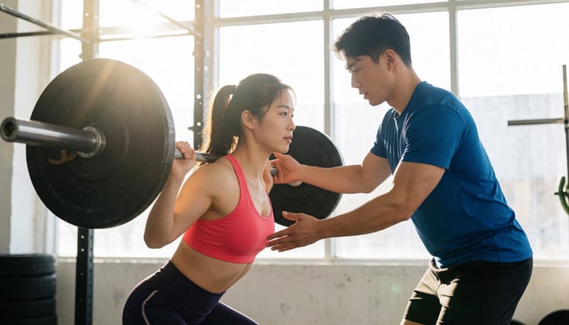 코치가 여성 회원의 바벨 스쿼트 자세를 교정하는 모습