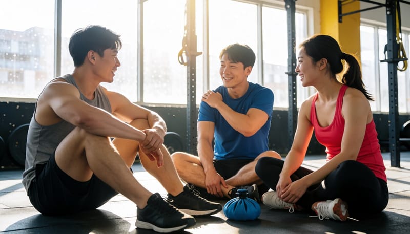 운동 후 스트레칭과 냉찜질로 회복하는 남성의 모습