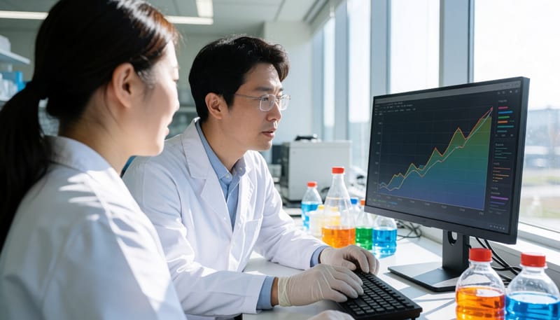 연구실에서 공기 시료 분석 결과를 확인하는 연구자