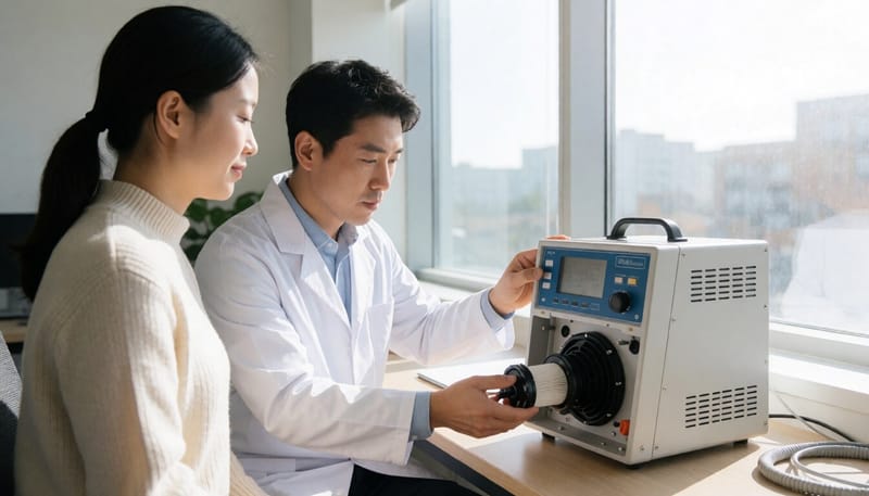 실내에서 공기 포집 장치를 점검하는 연구자