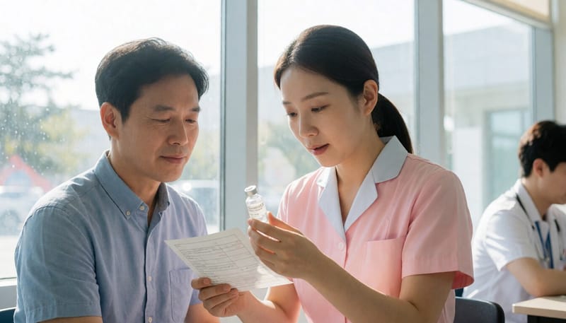 보건소에서 백신 라벨을 확인하는 간호사의 모습