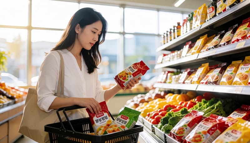 마트에서 수입식품 라벨을 확인하는 소비자