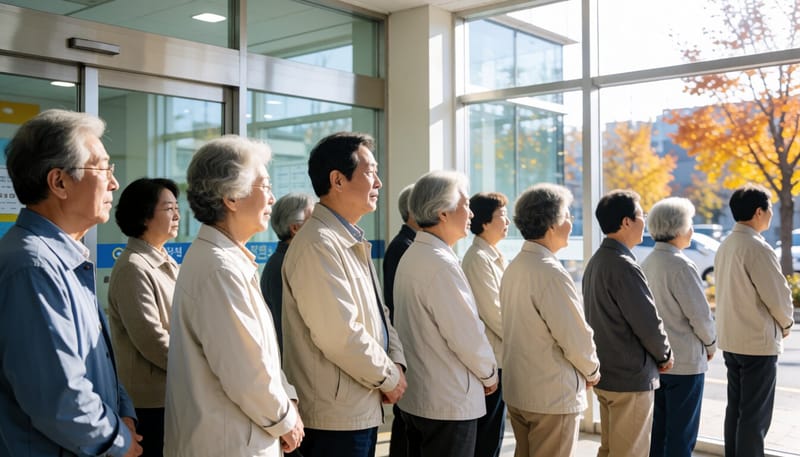 보건소 앞에서 독감 예방접종을 기다리는 어르신들