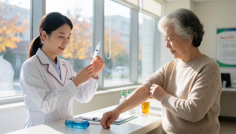 병원에서 독감 예방접종을 준비하는 간호사와 어르신 환자