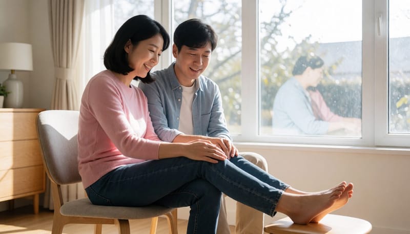 어지럼증을 느껴 다리를 올리고 휴식을 취하는 모습