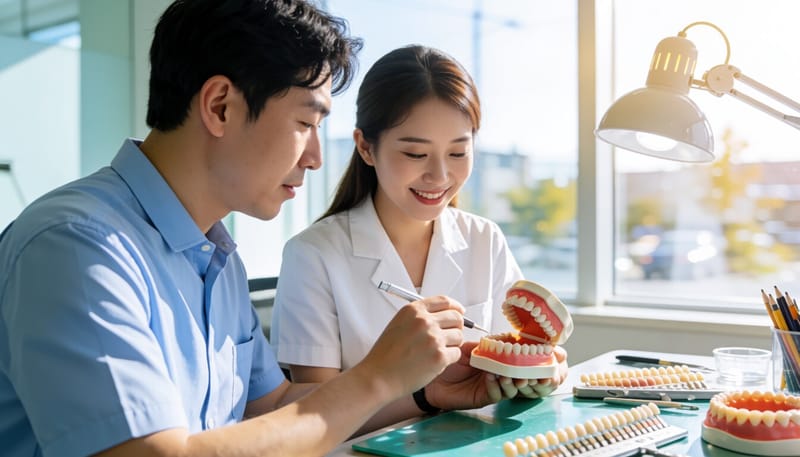 치과 기공실에서 크라운 재료를 살펴보는 모습
