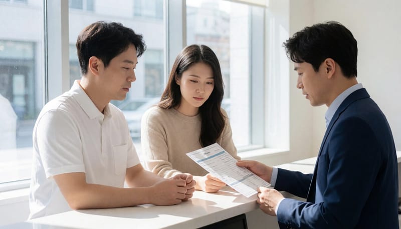치과 데스크에서 치료비 견적을 상담하는 모습