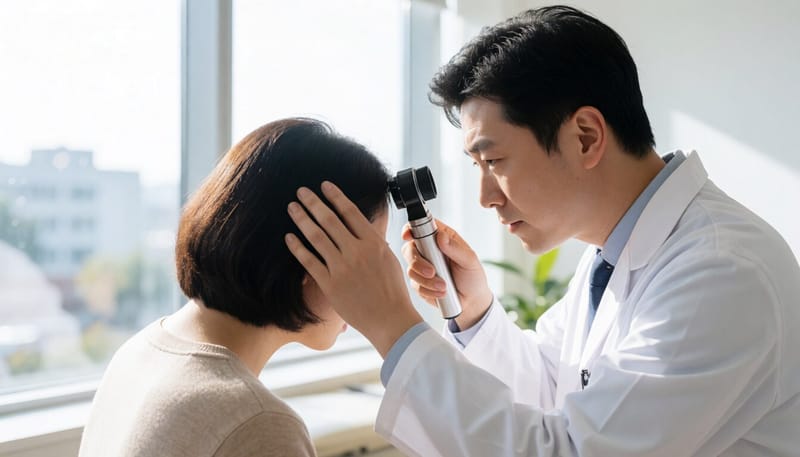 피부과 의사가 환자의 두피 상태를 진료하고 있다