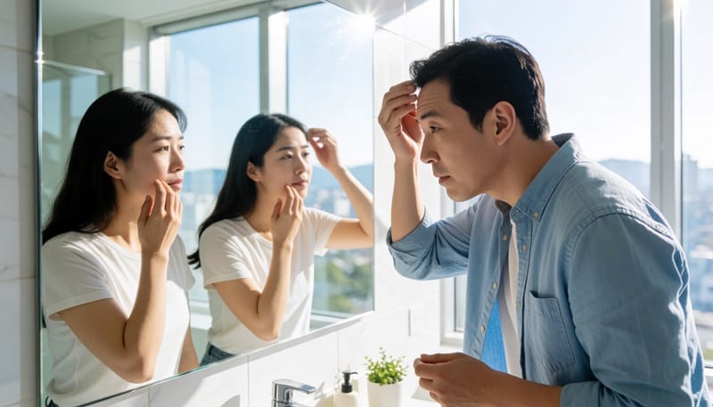 한 남성이 거울 앞에서 정수리 부분 머리숱을 확인하고 있다
