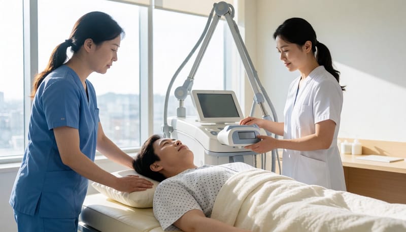 체외충격파쇄석술을 준비하는 환자와 의료진