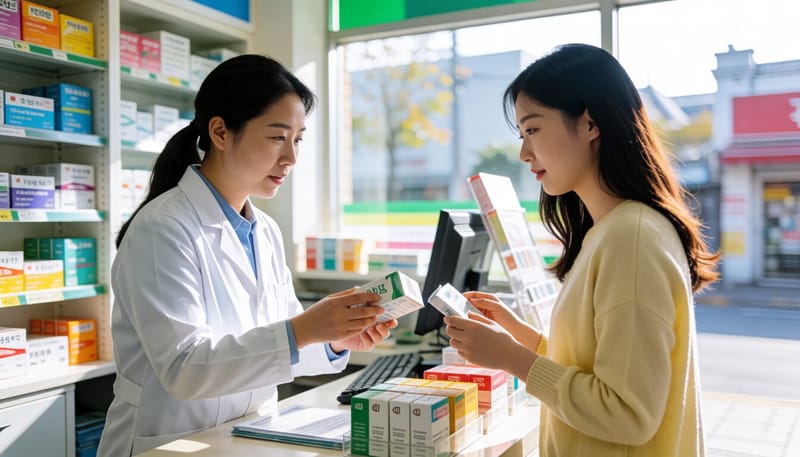 약국에서 피임약을 살펴보는 모습
