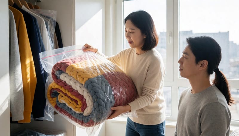 압축팩에서 이불을 꺼내는 모습