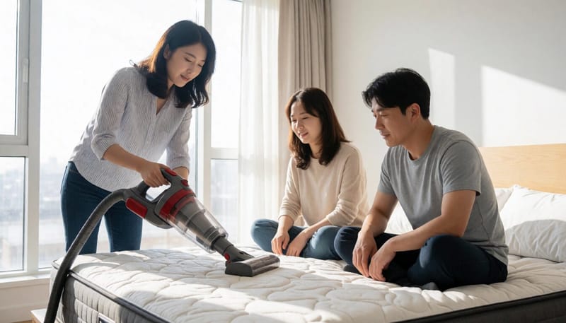 매트리스를 진공청소기로 청소하는 모습