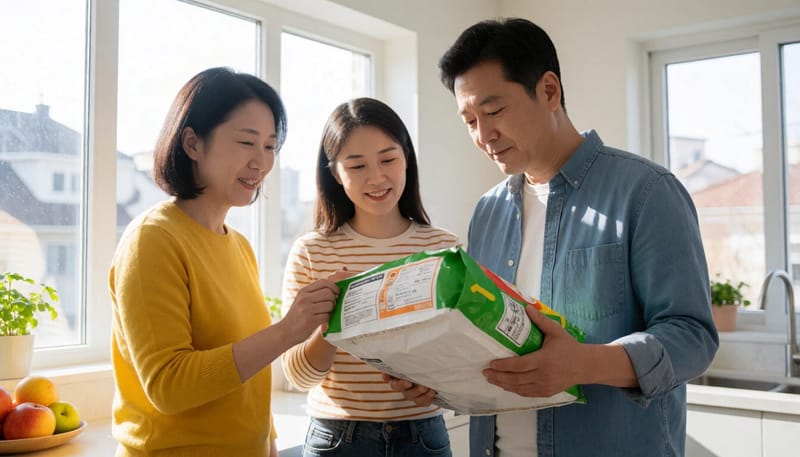 모래 포장지의 제조번호를 확인하는 남성