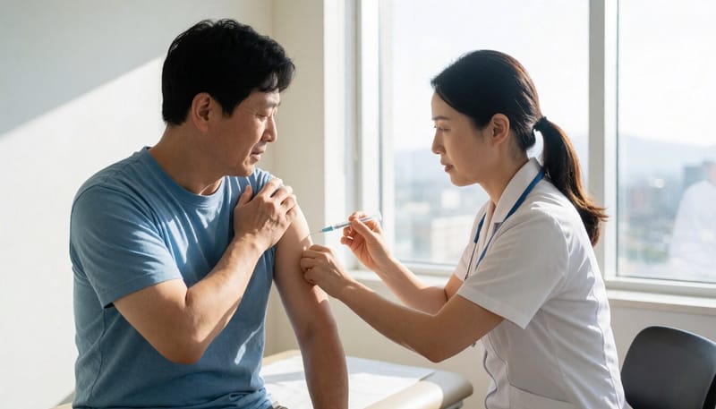 병원에서 예방접종을 받는 성인의 모습