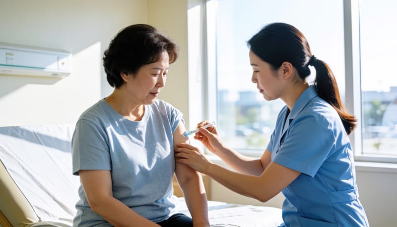 병원에서 주사 치료를 받고 있는 중년 여성 환자