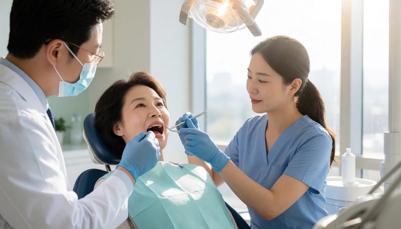 골다공증 주사 전 치과 검진을 받는 여성 환자