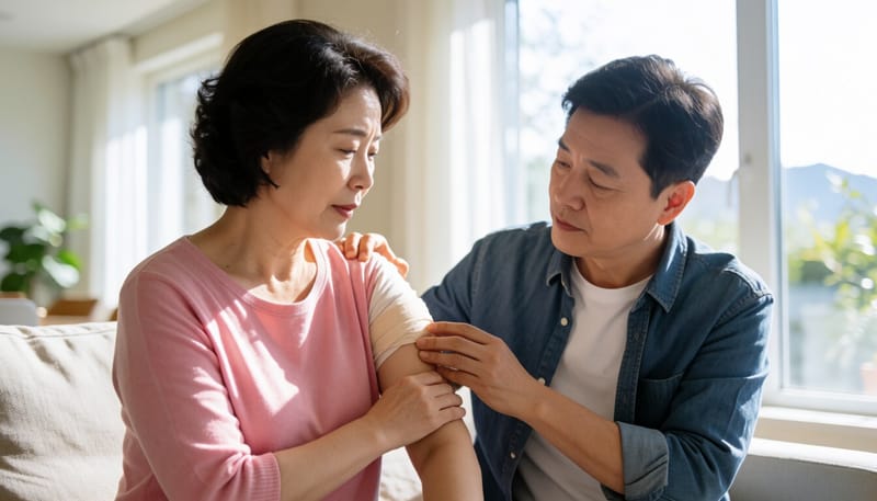 팔에 거즈를 붙인 채 걱정스러운 표정으로 앉아 있는 중년 여성
