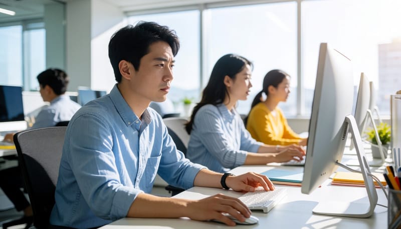 짜증스러운 표정으로 컴퓨터 화면을 보고 있는 직장인