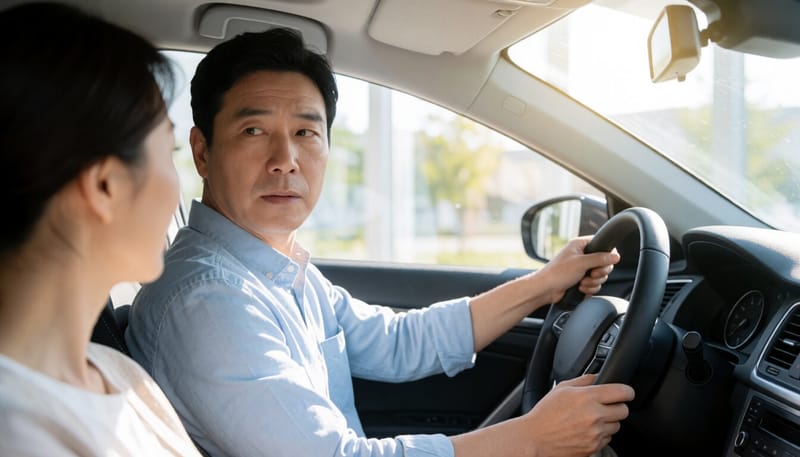어두운 도로에서 운전 중인 중년 남성의 모습