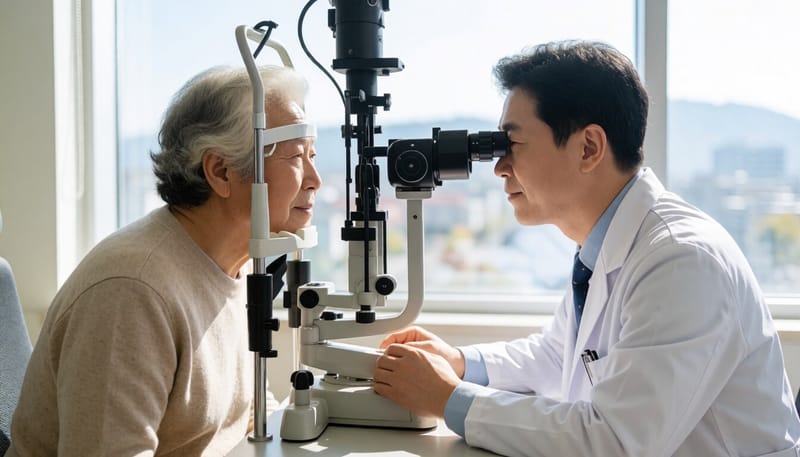 안과에서 정밀 검사를 받고 있는 노년 환자