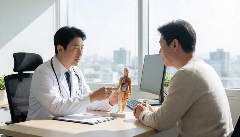 한국인 의사가 비뇨의학과에서 환자에게 설명하는 모습