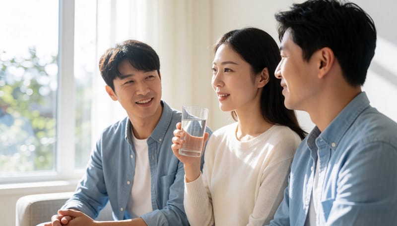한 여성이 소파에 앉아 피곤한 표정으로 물을 마시는 모습