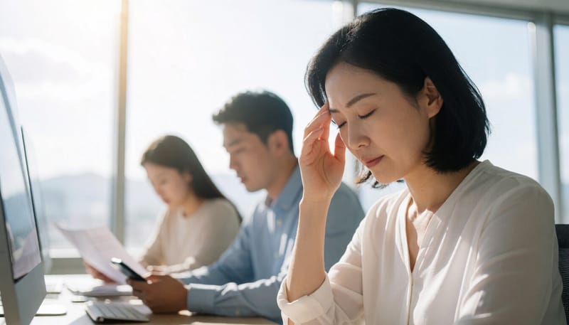 한 여성이 관자놀이를 손으로 누르며 눈을 감고 있는 모습