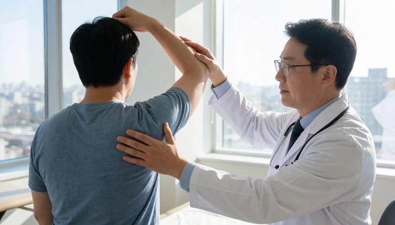 병원에서 어깨 운동 범위를 검사받는 환자