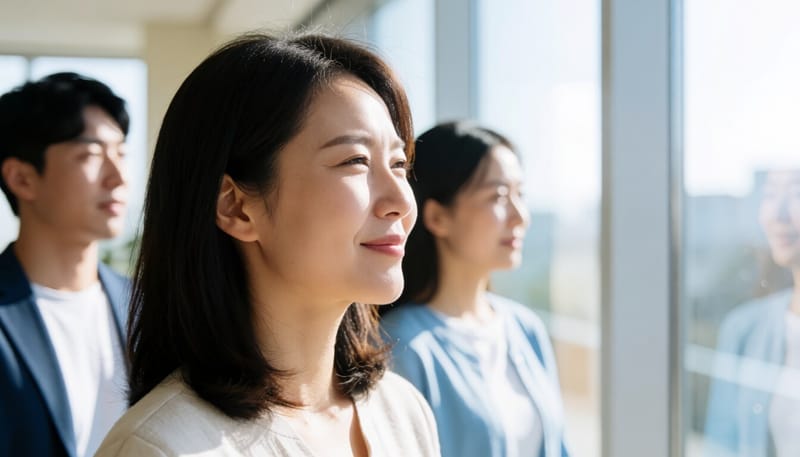 밝은 빛에 눈부셔하는 여성의 모습