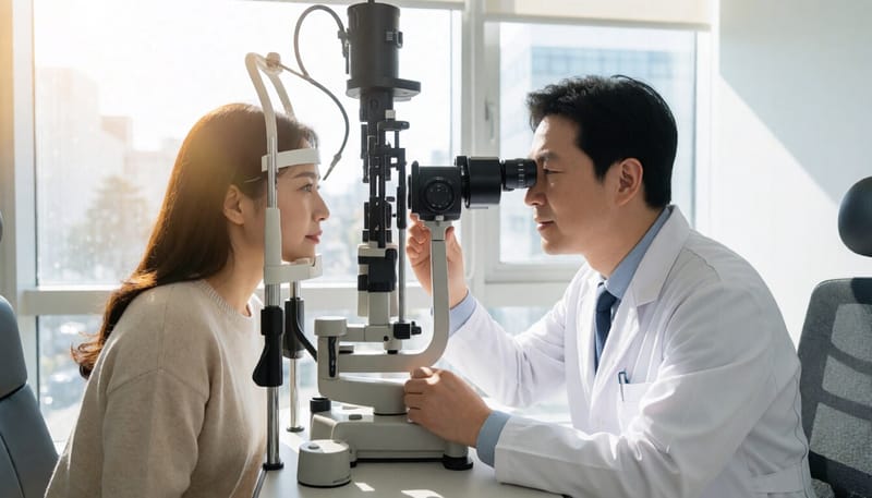 세극등 검사기로 눈 상태를 검사하는 안과 진료실