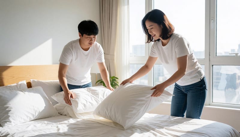 베개 커버를 교체하는 여성의 모습