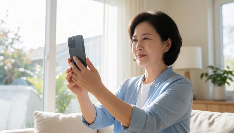 스마트폰 화면을 멀리 두고 보는 여성의 모습