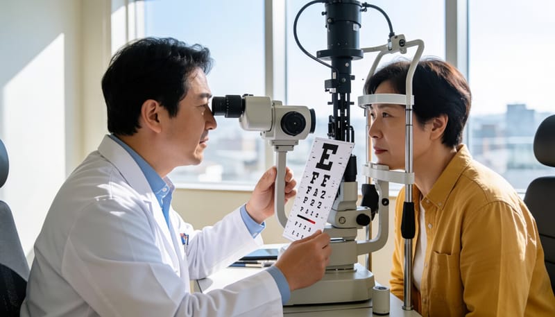 안과에서 시력 검사를 받는 중년 환자의 모습
