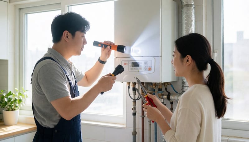 전문업체 기사가 보일러 배기구를 점검하는 모습