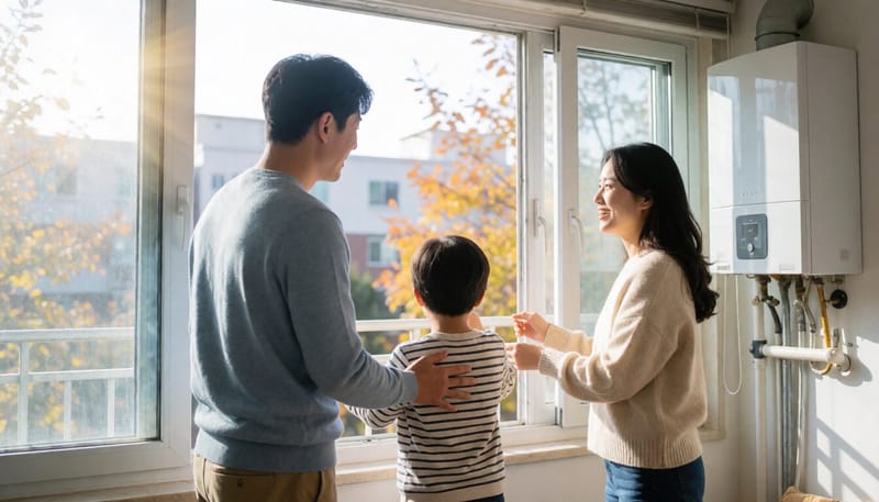 아파트 외벽에 설치된 보일러와 창문을 여는 모습