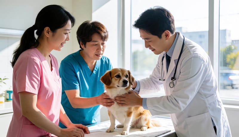 동물병원에서 반려견을 진찰하는 수의사