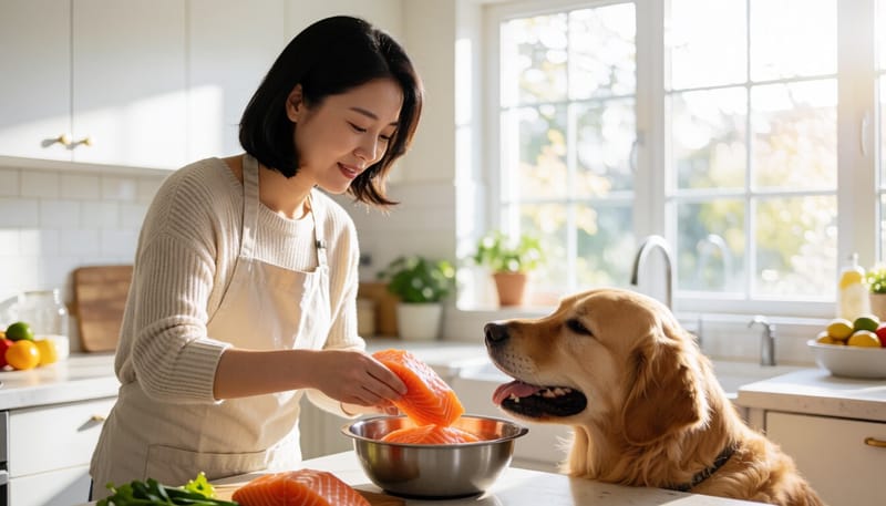 가정에서 반려견에게 줄 생연어 간식을 준비하는 보호자