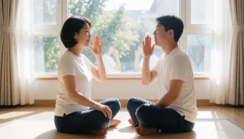 조용한 방에서 가벼운 호흡 운동을 하는 여성