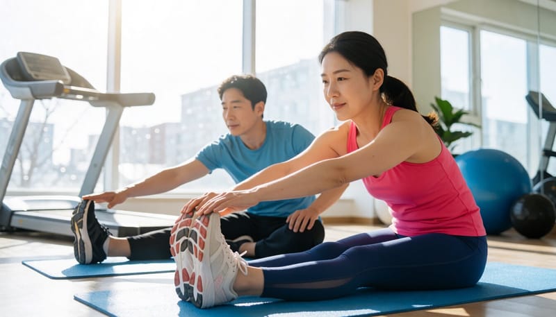 운동 매트 위에서 스트레칭하는 여성의 모습