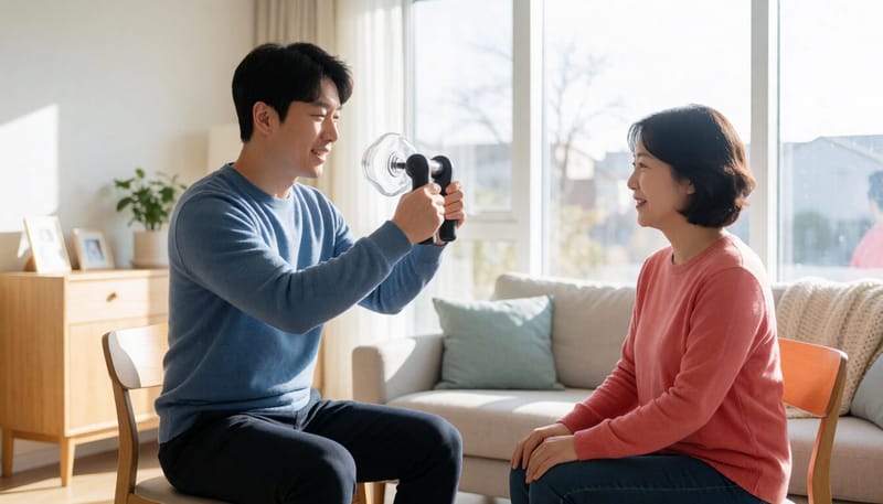 실내에서 호흡근 훈련기를 사용해 숨을 들이쉬는 남성