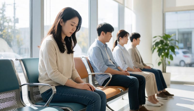 진료 대기 중 아랫배 불편함을 느끼는 여성