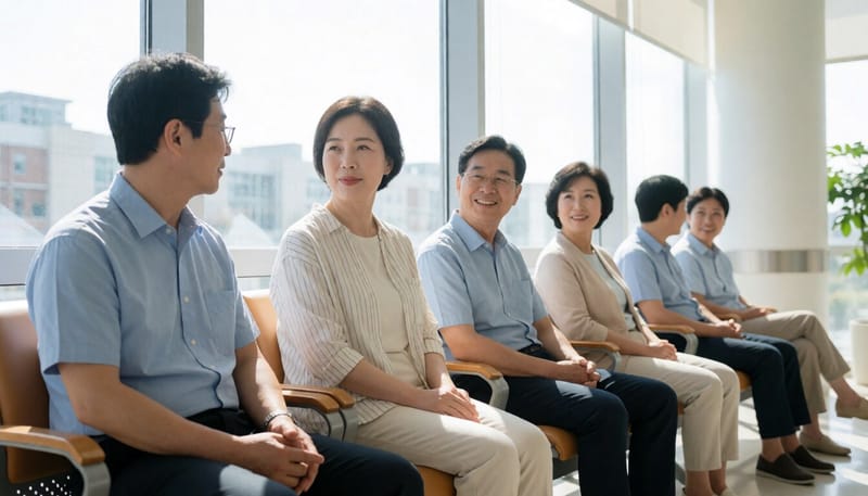 병원 대기실에서 아랫배를 짚고 있는 여성의 모습